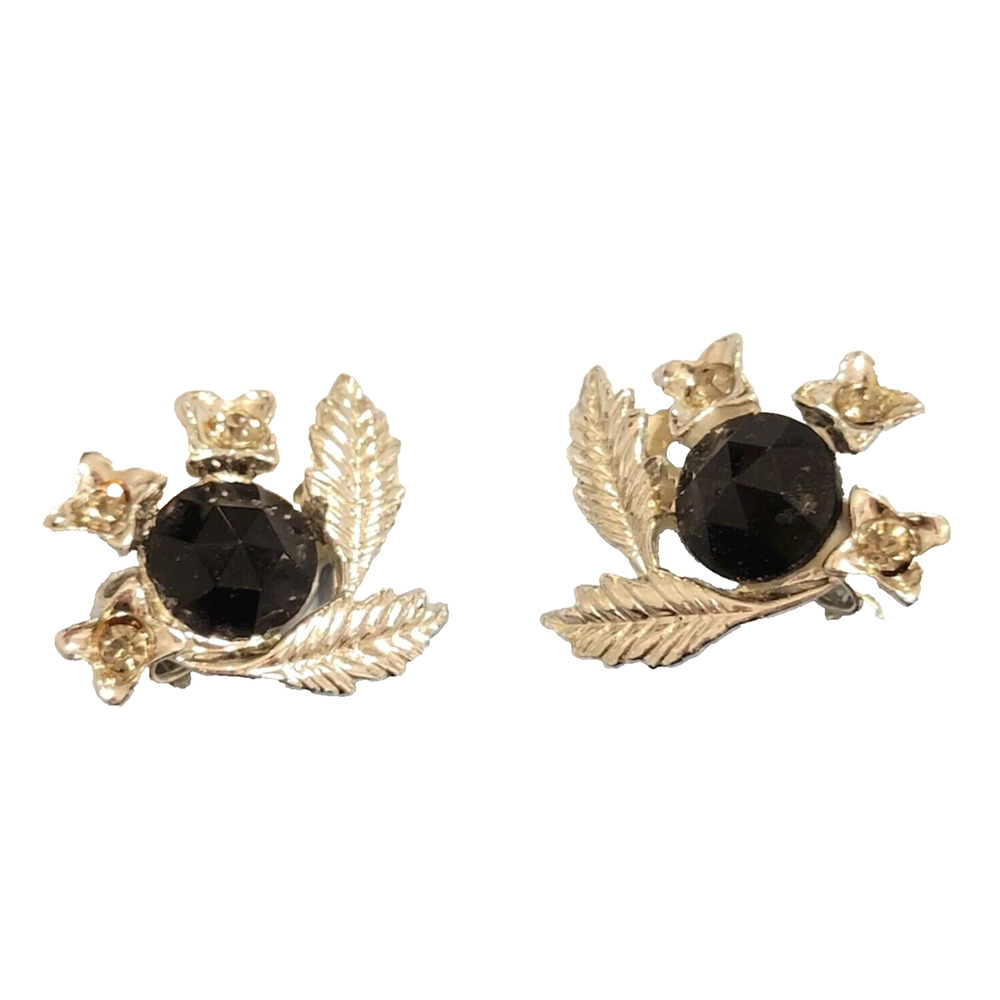 Vintage Rhinestone Clip On Earrings, Silver Leaf Mid-century Black glass bc 52